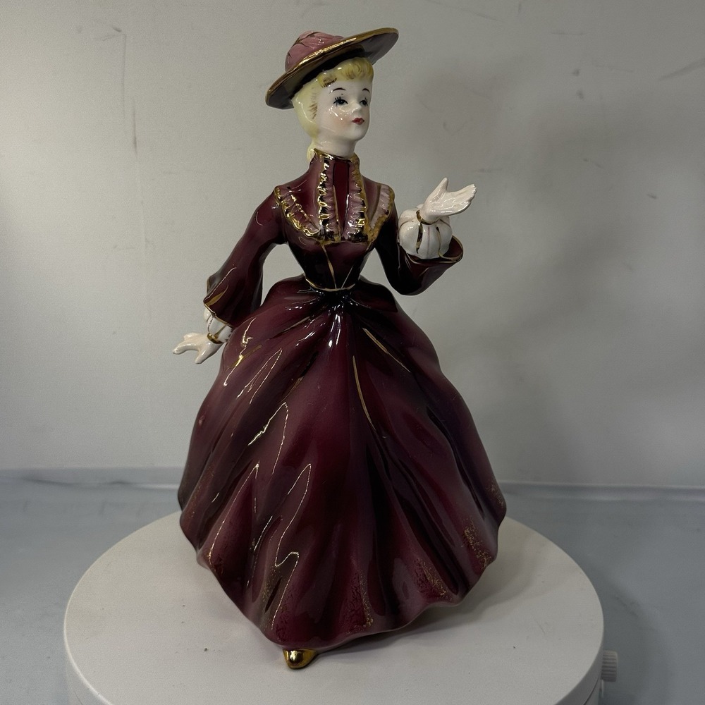 Vintage Made in Japan Ucagco Ceramics Colonial Woman Figurine 8.5" Plum Dress